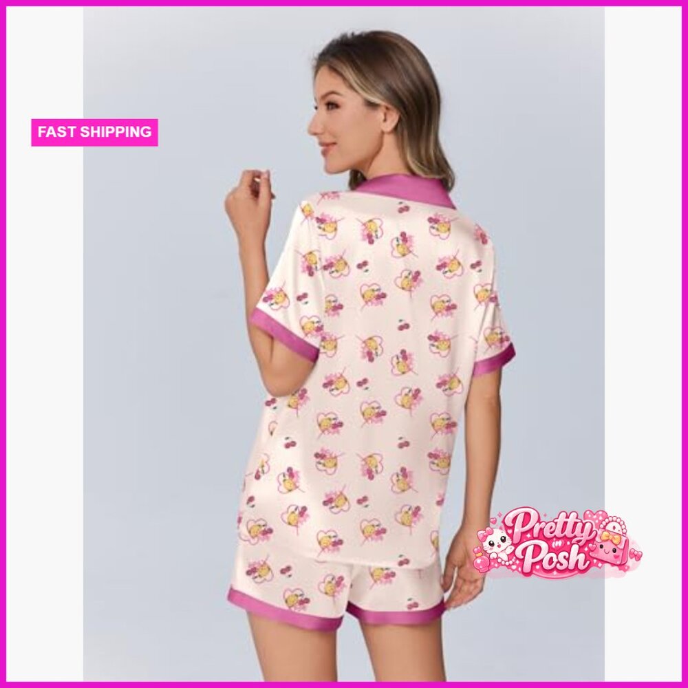 Silk Satin Pajamas Set Animals Print Short Sleeve Lounge Sleepwear - Picture 3 of 5